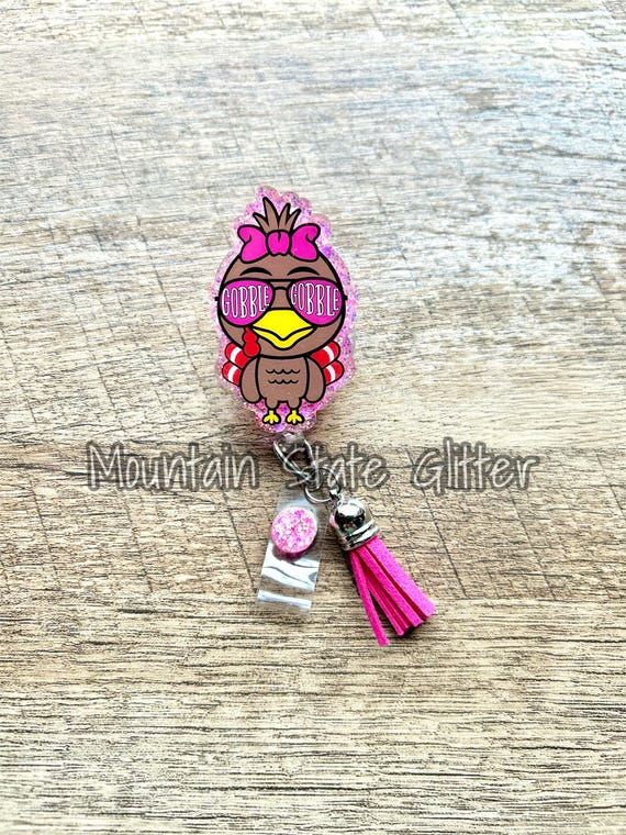 Gobble gobble girl turkey acrylic badge reel