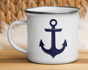 ANCHOR Mug, 12 oz Enamel Camping Style Mug • Beautiful minimal nautical design: navy & parchment w subtle distressed texture, coffee tea cup