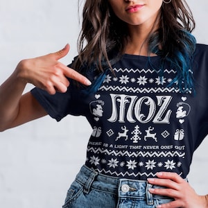 MOZ Christmas T-Shirt Unisex in Black / Navy / Dark Heather • Unique fan gift, ugly Christmas sweater design, The Smiths holiday shirt