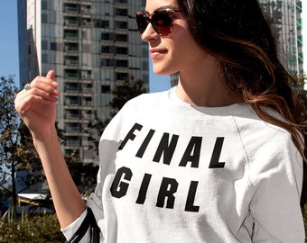 FINAL GIRL Sweatshirt, Unisex In White • Retro athletic black graphic