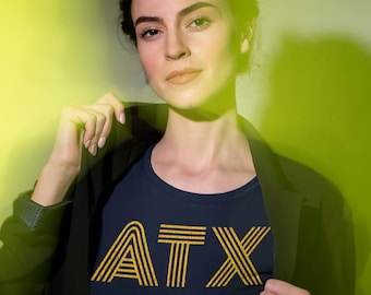 ATX Shirt, Unisex in Black / Navy / Dark Heather • Retro vintage style design in sunshine yellow, Austin Texas gift, Austin TX shirt