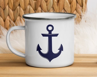 ANCHOR Mug, 12 oz Enamel Camping Style Mug • Beautiful minimal nautical design: navy & parchment w subtle distressed texture, coffee tea cup