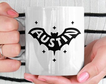 AUSTIN-mugg • Fladdermus och stjärnor, Keramisk mugg, 315 g, stor 450 g, estetisk kaffe- och tekopp, Texas inflyttningspresent, ATX, håll Austin konstig