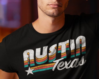 AUSTIN TX Retro Rainbow T-Shirt, Unisex • ATX by Texas designer, moving to Austin housewarming gift top for him or her, Keep Austin Weird