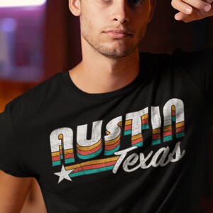 AUSTIN TX Retro Rainbow T-Shirt, Unisex • ATX by Texas designer, moving to Austin housewarming gift top for him or her, Keep Austin Weird
