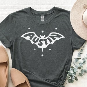 AUSTIN BAT Shirt, Unisex in Dark Heather • Austin TX original bat logo w. stars graphic in white, unique Austin Texas gift by Texan designer