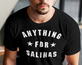 ANYTHING FOR SALINAS Shirt In Black / Navy / Dark Heather, Unisex • Retro minimal athletic style design with stars in white, fan gift