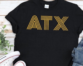 ATX Shirt, Unisex in Black / Navy / Dark Heather • Retro vintage style design in sunshine yellow, Austin Texas gift, Austin TX shirt