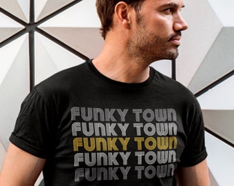FUNKY TOWN Shirt, Unisex In Black / Navy / Heather • Fort Worth TX retro graphic in sunshine yellow / gray / white, Fort Worth Texas gift