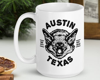 AUSTIN Bat Illustration Large Oversized 15 oz Ceramic Mug • Moving to Austin Texas housewarming gift, big coffee tea cup, Keep Austin Weird