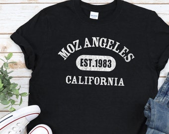 MOZ ANGELES Shirt, Unisex • Est. 1988 | Large retro athletic graphic w. distressed vintage style texture, Morrissey shirt, The Smiths shirt