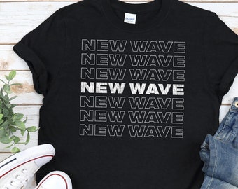 NEW WAVE Shirt, Unisex In Black / Navy / Dark Heather • Retro repeating design in white with vintage texture, 80s Alternative music fan gift