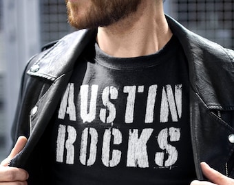 AUSTIN ROCKS Shirt, Unisex • Austin tshirt in rough stencil street art style w. distressed vintage texture, Austin TX gift, Texas clothing