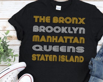 5 Boroughs Of NYC Unisex T-Shirt • The Bronx / Brooklyn / Manhattan / Queens / Staten Island retro linear design in white & sunshine yellow