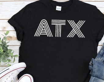 ATX Shirt, Unisex in Black / Navy / Dark Heather • Retro style design in white w. vintage style texture, Austin Texas gift, Austin TX shirt