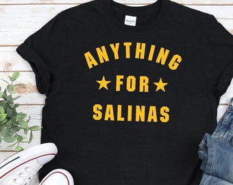 ANYTHING FOR SALINAS Shirt In Black / Navy / Dark Heather, Unisex • Retro minimal athletic style design with stars in white, fan gift