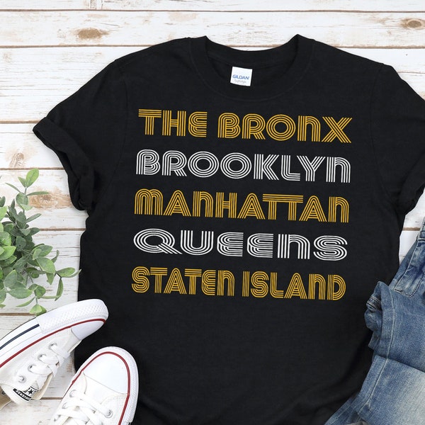 5 Boroughs Of NYC Unisex T-Shirt • The Bronx / Brooklyn / Manhattan / Queens / Staten Island retro linear design in white & sunshine yellow