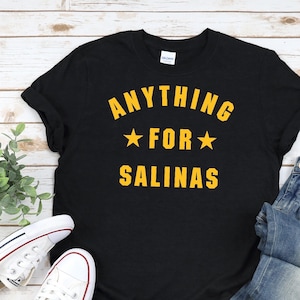 ANYTHING FOR SALINAS Shirt In Black / Navy / Dark Heather, Unisex Retro minimal athletic style design with stars in white, fan gift image 2