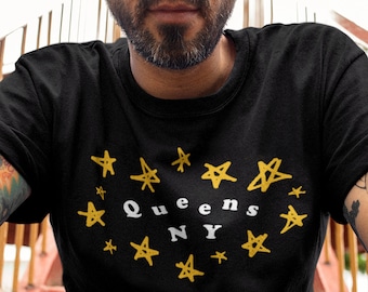 QUEENS NY T-Shirt W Stars, Unisex • Whimsical mens womens New York City nyc shirt gift, moving to Queens housewarming, QNS Long Island top