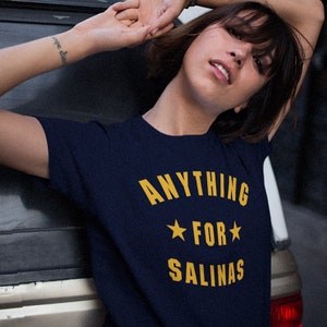 ANYTHING FOR SALINAS Shirt In Black / Navy / Dark Heather, Unisex Retro minimal athletic style design with stars in white, fan gift image 1