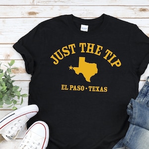 JUST THE TIP, El Paso Tx Shirt in Black / Navy / Dark Heather • Classic athletic design with Texas silhouette, funny El Paso Texas gift