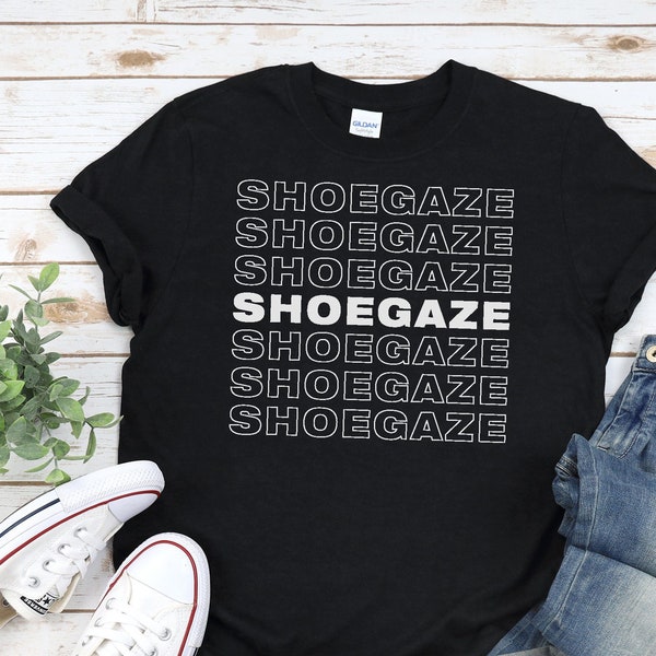 SHOEGAZE Shirt, Unisex In Black / Navy / Dark Heather • Retro repeating design, Shoe Gaze / Dream Pop / Alternative Rock music fan gift