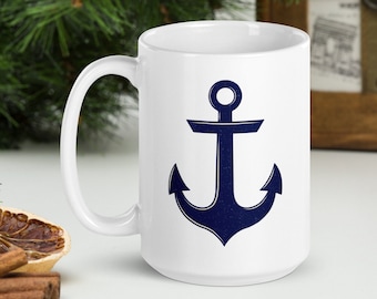 ANCHOR Mug, Ceramic Large Oversized 15 oz. Ounces • Beautiful minimal nautical design in navy & parchment with subtle distressed texture