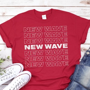 NEW WAVE Shirt, Unisex In Cranberry / Cardinal Red • Retro repeating design in white with vintage texture, 80s Alternative music fan gift