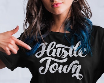 HUSTLE TOWN Shirt, Unisex • Houston TX shirt w original script design in white w distressed vintage style texture, Houston Texas shirt gift