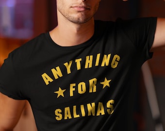 ANYTHING FOR SALINAS Shirt In Black / Navy / Dark Heather, Unisex • Retro minimal athletic style design with stars in white, fan gift