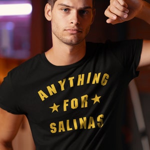 ANYTHING FOR SALINAS Shirt In Black / Navy / Dark Heather, Unisex Retro minimal athletic style design with stars in white, fan gift image 3