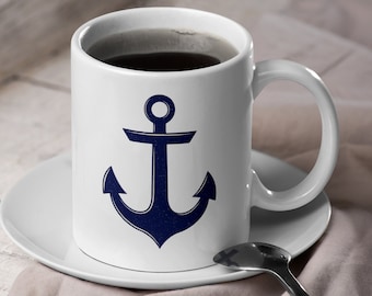 ANCHOR Mug, ceramica in 11 once. o grande oversize 15 oz. • Bellissimo design nautico minimale in blu e pergamena w. sottile trama angosciata