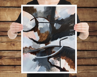 16x20 Physical Art Print • Abstract composition in black white grey brown & red tones, dynamic expressive abstract expressionist wall art