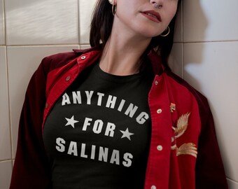 ANYTHING FOR SALINAS Shirt In Black / Navy / Dark Heather, Unisex • Retro minimal athletic style design with stars in white, fan gift