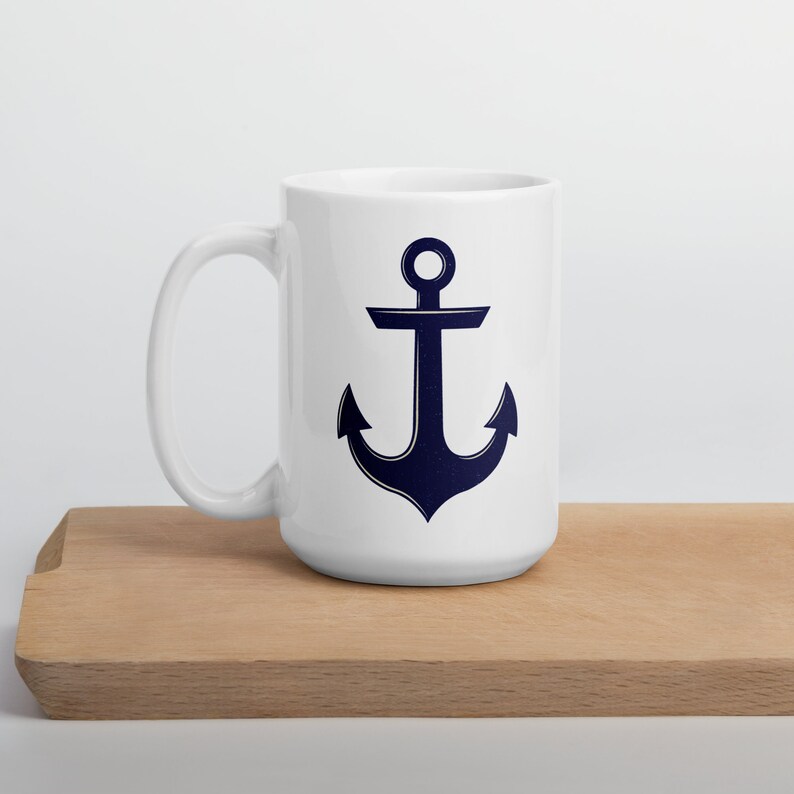 ANCHOR Mug, Ceramic in 11 oz. or large oversized 15 oz. Beautiful minimal nautical design in navy & parchment w. subtle distressed texture 15 Fluid ounces