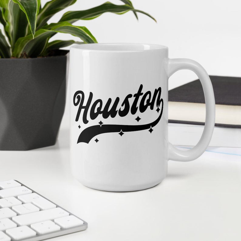 HOUSTON Mug Large Oversized 15 oz ounces, ceramic mug, retro athletic with stars, Houston TX mug, housewarming gift, coffee cup, tea cup image 4