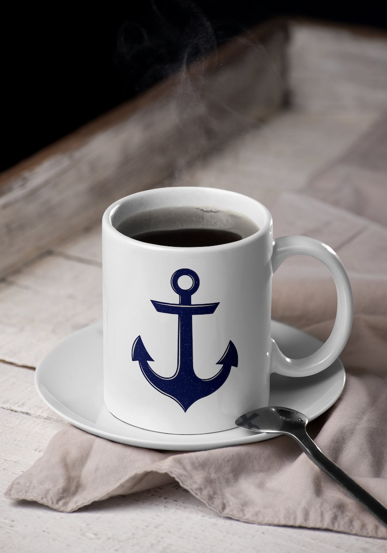 ANCHOR Mug, Ceramic in 11 oz. or large oversized 15 oz. Beautiful minimal nautical design in navy & parchment w. subtle distressed texture image 1