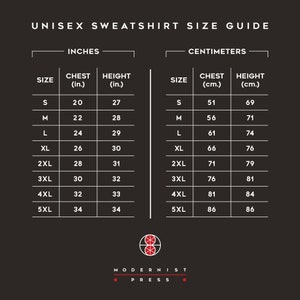 May include: Unisex sweatshirt size guide with measurements in inches and centimetres. The chart shows chest and height measurements for sizes S through 5XL.