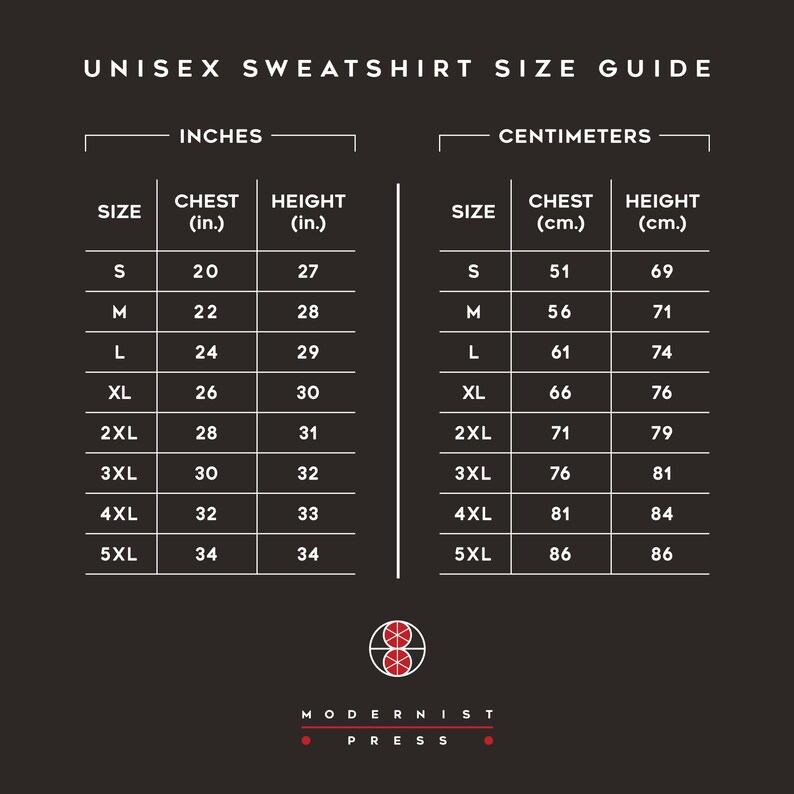 May include: Unisex sweatshirt size guide with measurements in inches and centimetres. The chart shows chest and height measurements for sizes S through 5XL.