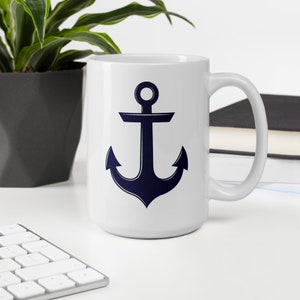 ANCHOR Mug, Ceramic in 11 oz. or large oversized 15 oz. Beautiful minimal nautical design in navy & parchment w. subtle distressed texture image 7