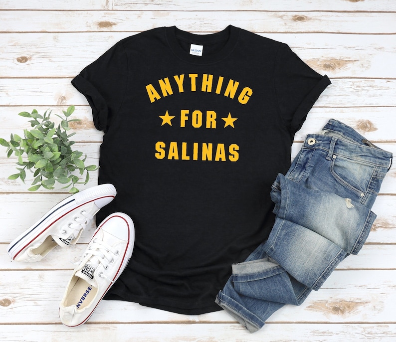 ANYTHING FOR SALINAS Shirt In Black / Navy / Dark Heather, Unisex Retro minimal athletic style design with stars in white, fan gift image 2