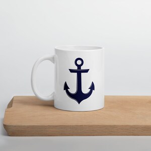 ANCHOR Mug, Ceramic in 11 oz. or large oversized 15 oz. Beautiful minimal nautical design in navy & parchment w. subtle distressed texture 11 Fluid ounces