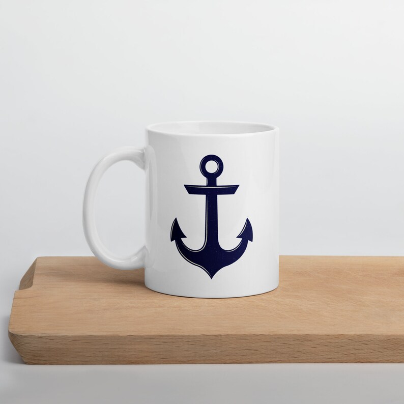 ANCHOR Mug, Ceramic in 11 oz. or large oversized 15 oz. Beautiful minimal nautical design in navy & parchment w. subtle distressed texture 11 Fluid ounces