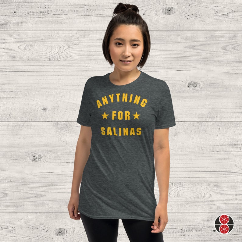 ANYTHING FOR SALINAS Shirt In Black / Navy / Dark Heather, Unisex Retro minimal athletic style design with stars in white, fan gift image 6