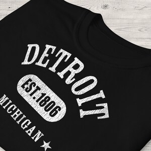 DETROIT Shirt, Unisex • Classic athletic Detroit MI graphic in white w distressed vintage texture, Detroit Michigan original clothing design