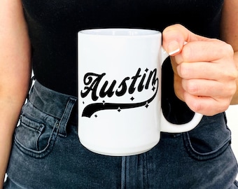 AUSTIN Mug • Large Oversized 15 oz ounces, ceramic mug, TX retro athletic w. stars, Austin Texas mug, housewarming gift, coffee cup, tea cup