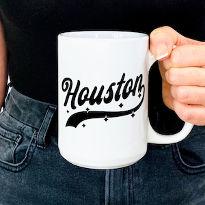 HOUSTON Mug Large Oversized 15 oz ounces, ceramic mug, retro athletic with stars, Houston TX mug, housewarming gift, coffee cup, tea cup image 1