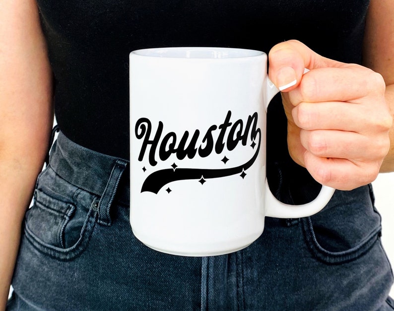 HOUSTON Mug Large Oversized 15 oz ounces, ceramic mug, retro athletic with stars, Houston TX mug, housewarming gift, coffee cup, tea cup image 1