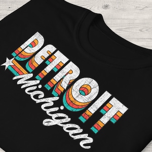 DETROIT Shirt, Unisex With Distressed Texture • DETROIT MICHIGAN retro style graphic tee shirt in rainbow colors, cool vintage aesthetic