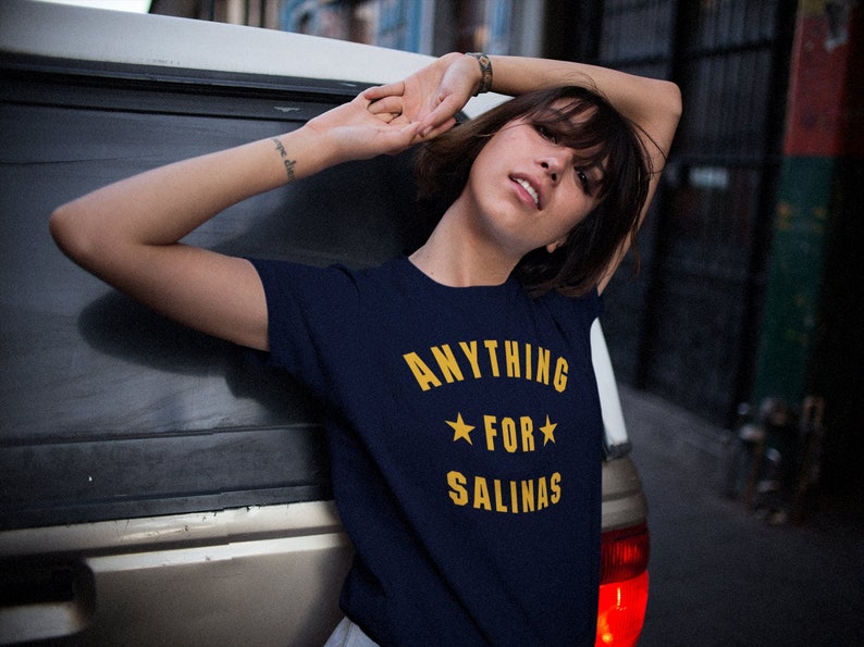 ANYTHING FOR SALINAS Shirt In Black / Navy / Dark Heather, Unisex Retro minimal athletic style design with stars in white, fan gift image 1